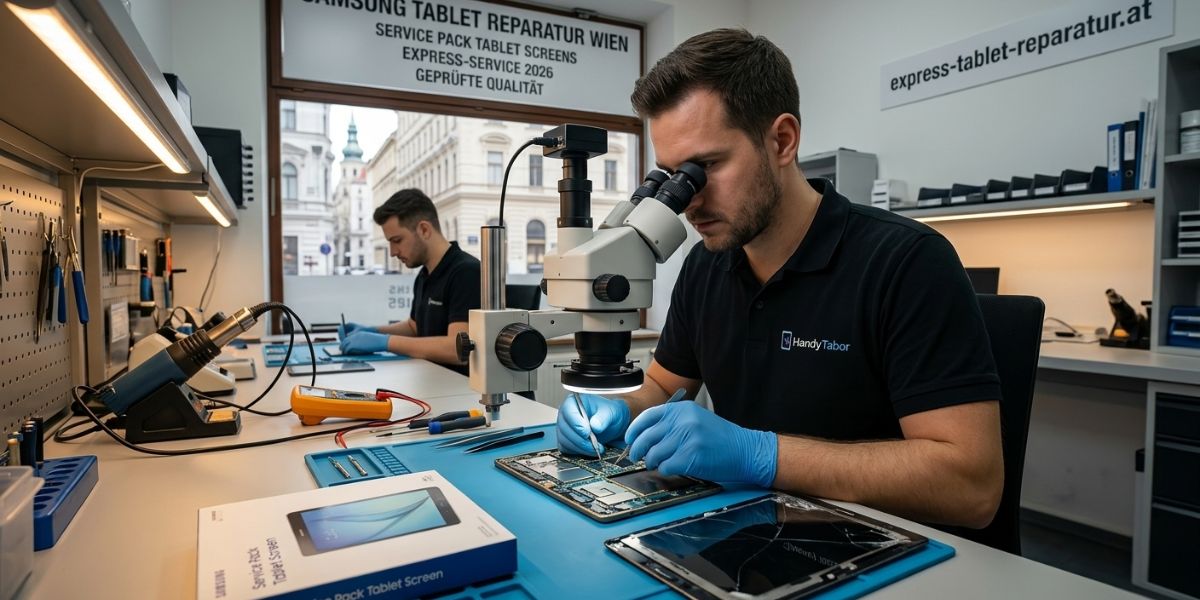 Samsung Tablet Reparatur Wien – Handy Tabor Techniker repariert Galaxy Tab Display unter dem Mikroskop, Wien 1020 Leopoldstadt