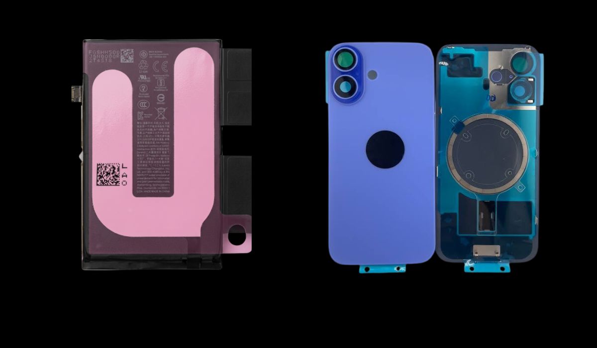 iPhone 16 Akku und Akkudeckel Tausch Wien | Handy Tabor iPhone 16 Akku und Akkudeckel Tausch Wien – Original-Akku und geöffnetes Gehäuse bei Handy Tabor 1020