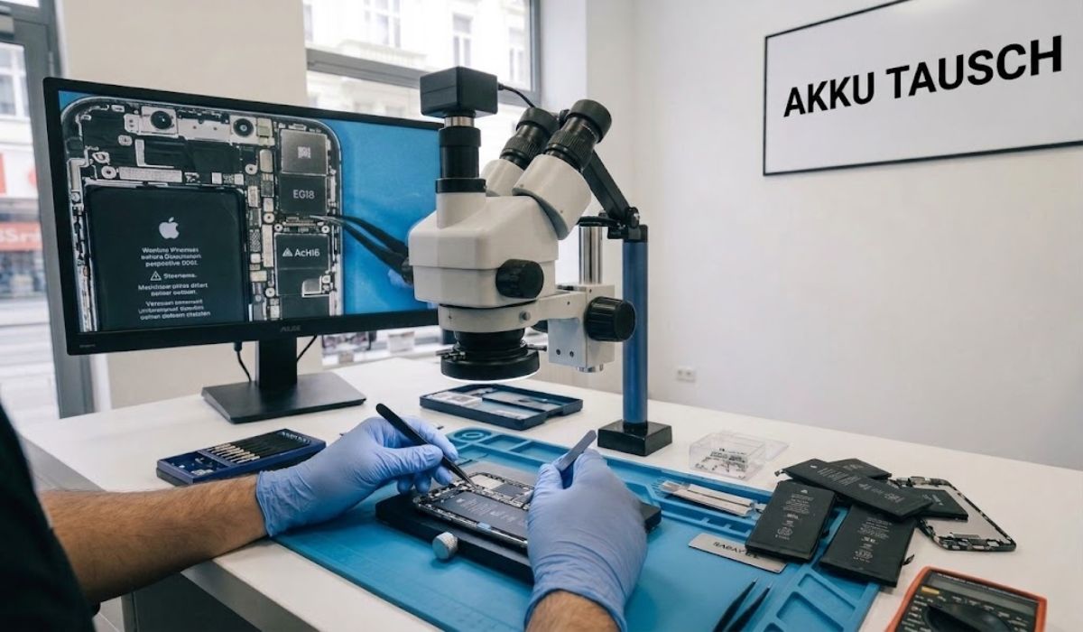 iPhone Akku Tausch Wien – Techniker bei Handy Tabor tauscht Akku unter Mikroskop, Taborstrasse 56