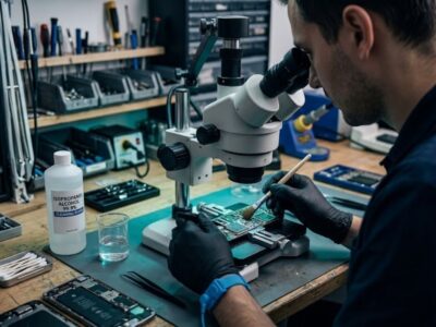 Handy Wasserschaden Reparatur Wien – Techniker reinigt Platine unter dem Mikroskop mit Isopropanol