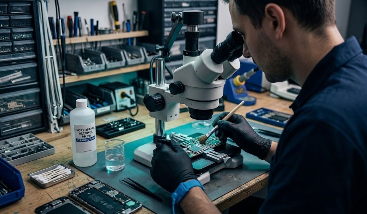 Handy Wasserschaden Reparatur Wien – Techniker reinigt Platine unter dem Mikroskop mit Isopropanol