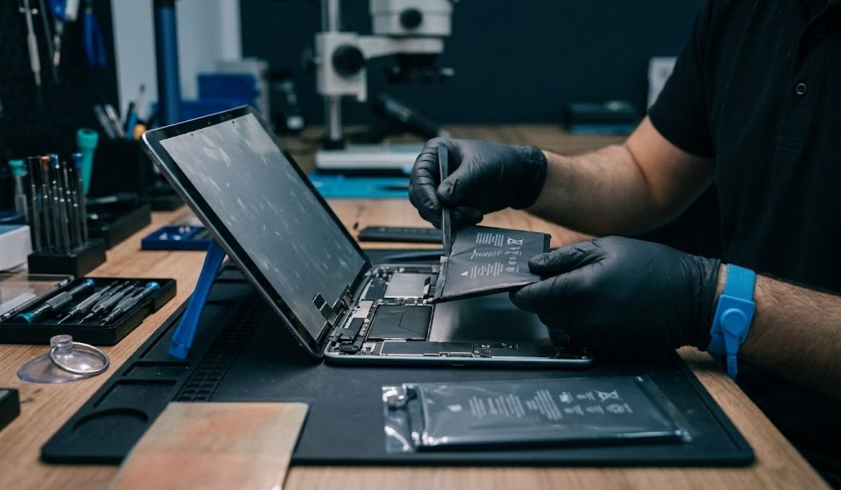 iPad Akku tauschen Wien – Techniker wechselt Akku bei geöffnetem iPad