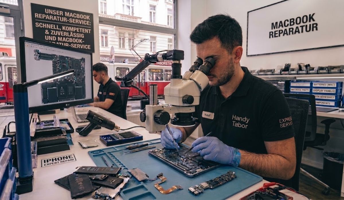 MacBook Reparatur und Austausch 50% Geräte-Retter-Prämie 2 MacBook Mainboard Reparatur Wien - Techniker von Handy Tabor bei der Reparatur unter dem Mikroskop